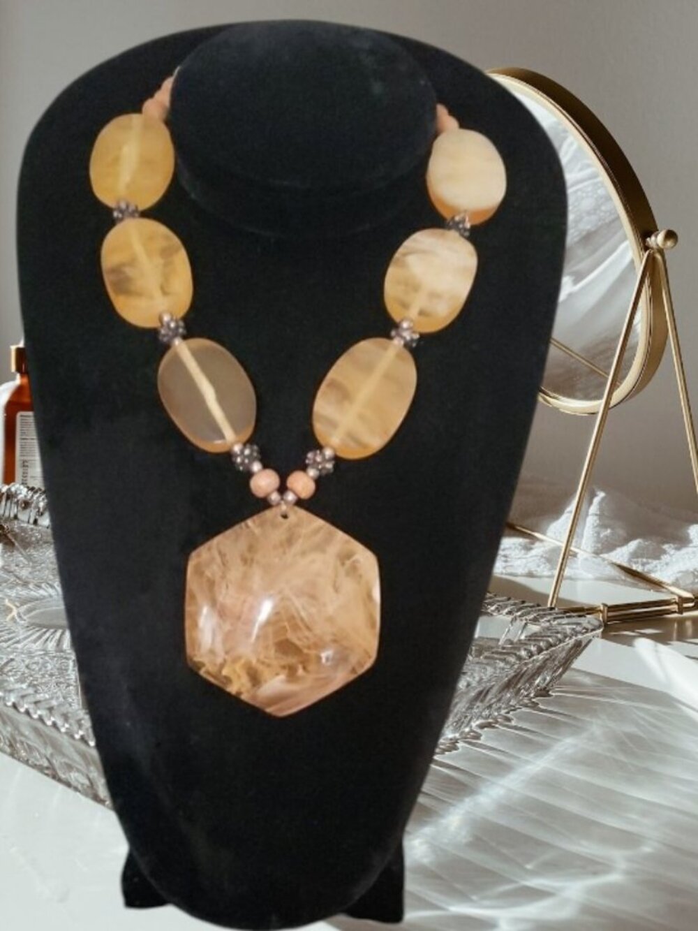 Amber Stone Bib Statement Drop Pendant Necklace